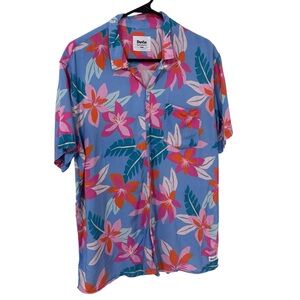 Duvin Men's Blue Hawaiian orange pink Floral button down Short-Sleeve Shirt